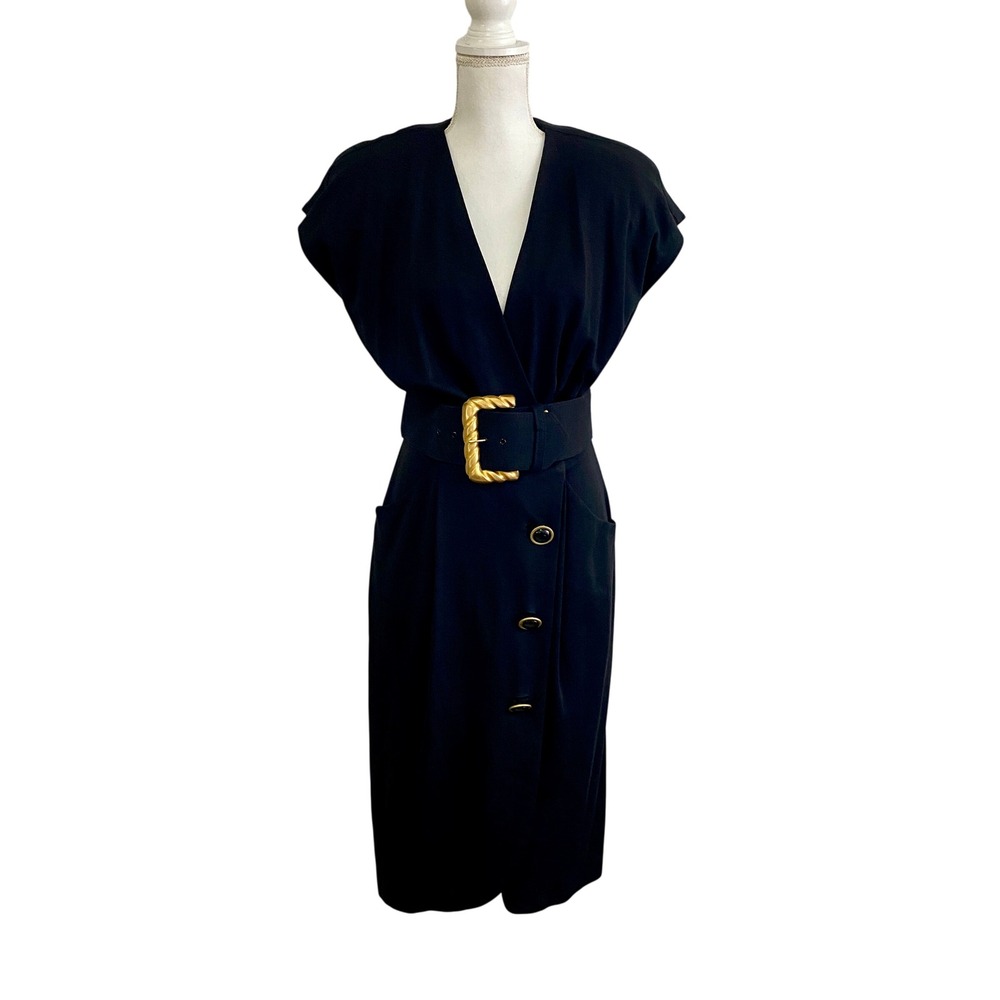 Vintage Cynthia Howie 80s Black Midi Dress Bold Gold Buckle Belt Shoulder Pads 8